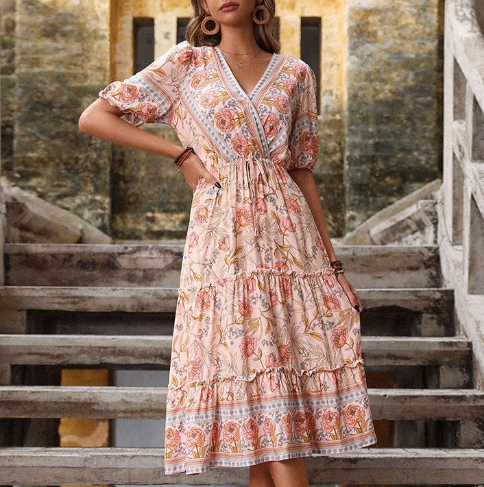 Boho Border Print Tiered Midi Dress - Pink - 1