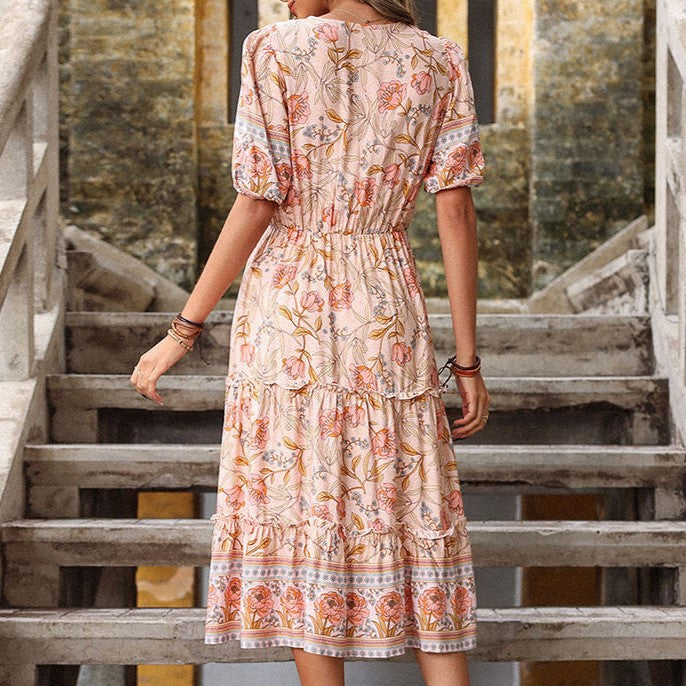 Boho Border Print Tiered Midi Dress - Pink - 2
