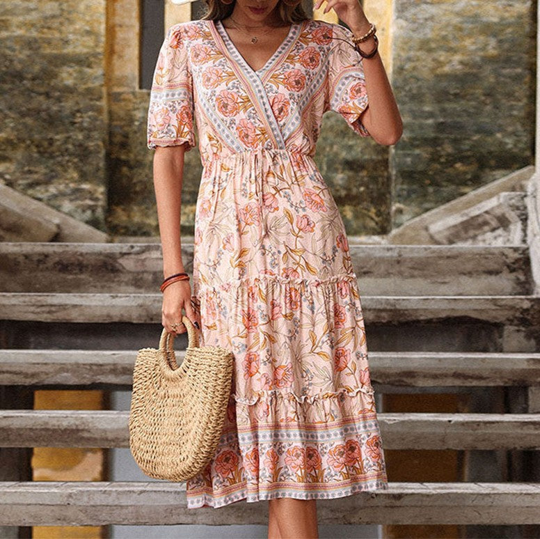 Boho Border Print Tiered Midi Dress - Pink - 3