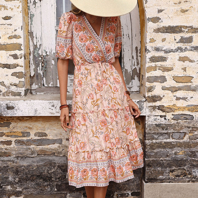 Boho Border Print Tiered Midi Dress - Pink - 4