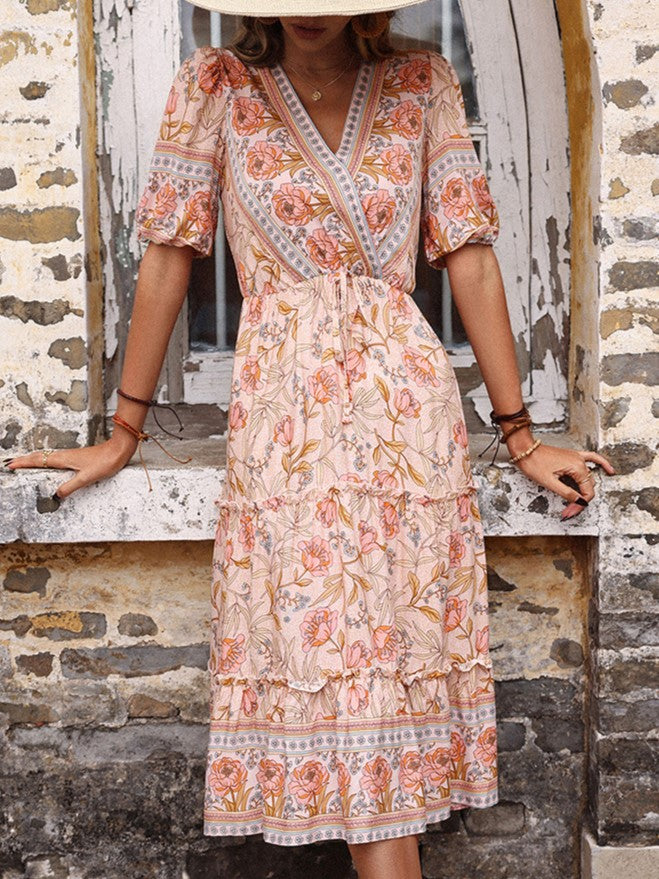 Boho Border Print Tiered Midi Dress