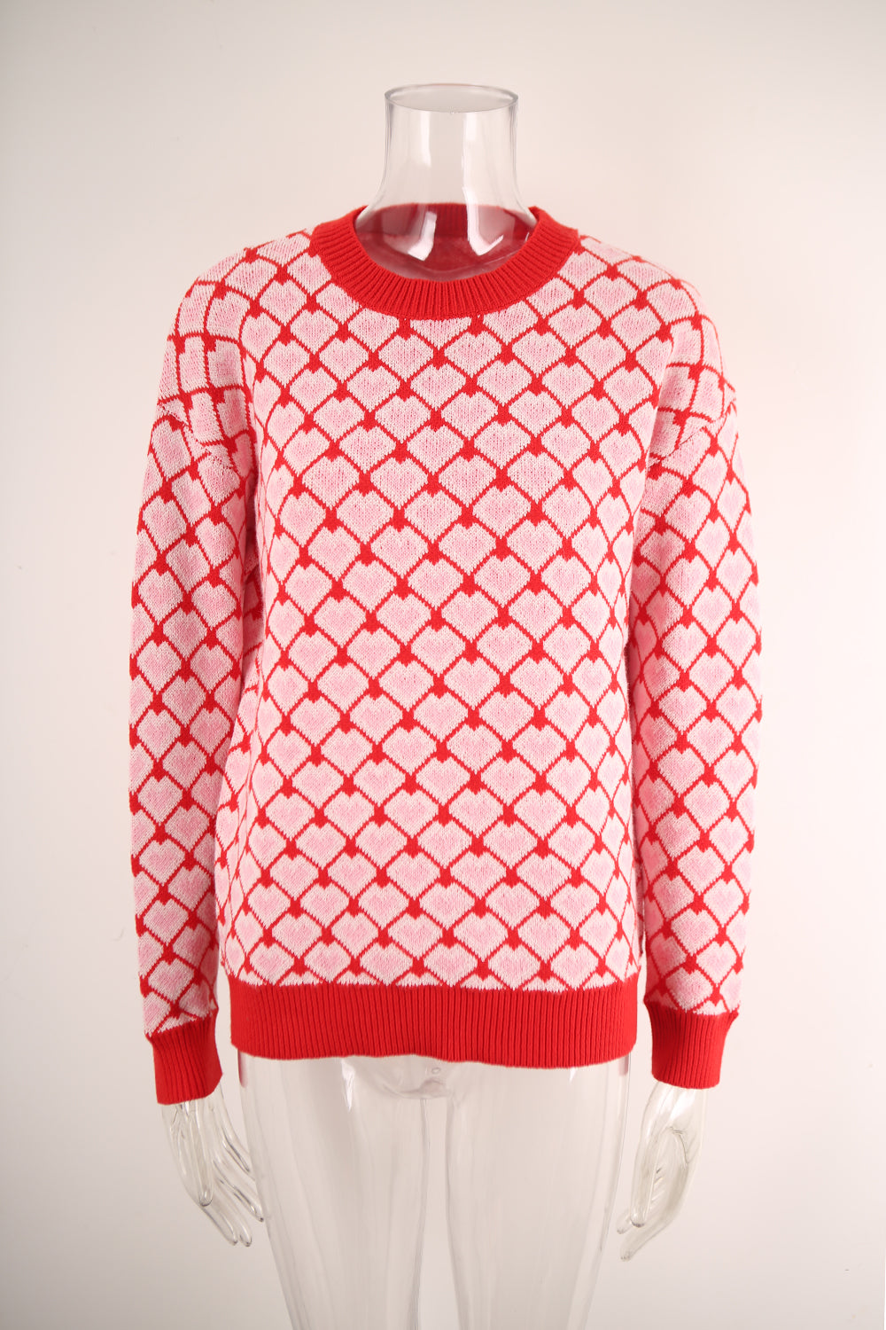 Heart Lattice Jacquard Knit Sweater - Red
