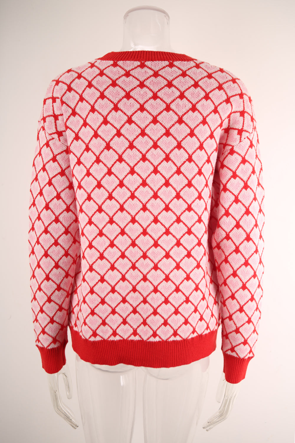 Heart Lattice Jacquard Knit Sweater - Red - 1