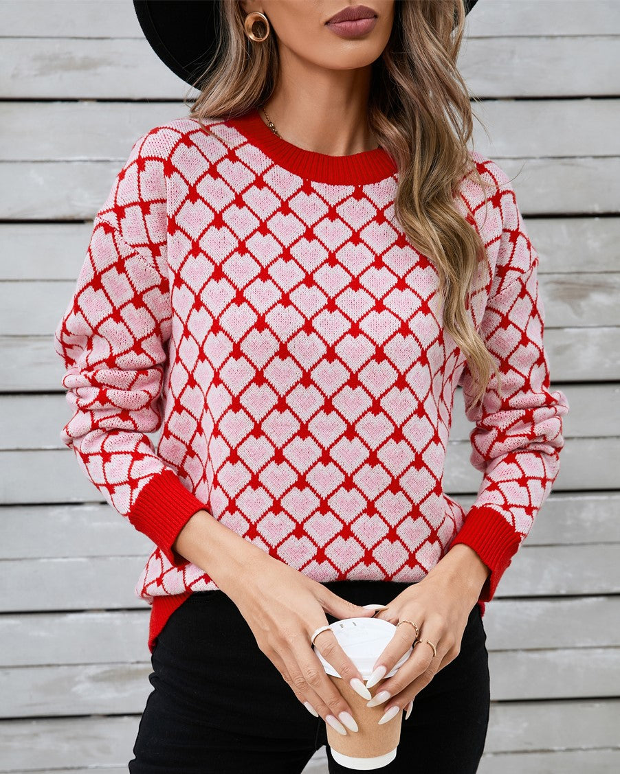Heart Lattice Jacquard Knit Sweater - Red - 2