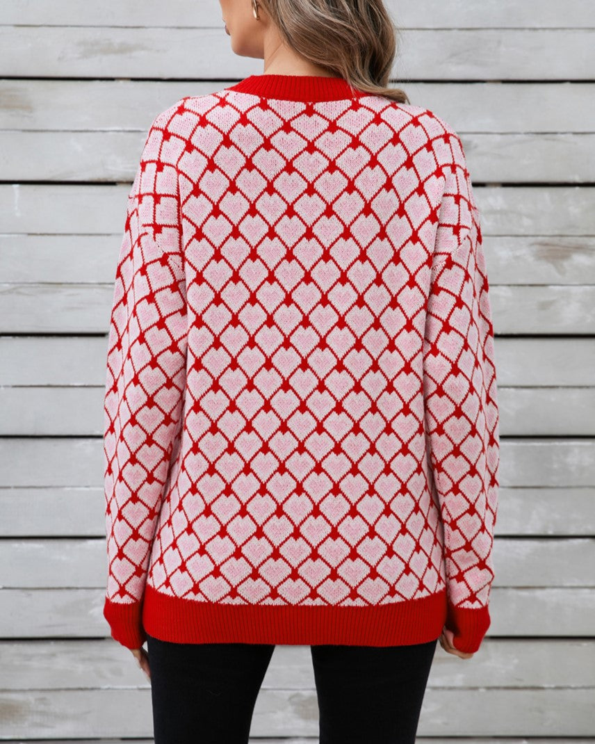 Heart Lattice Jacquard Knit Sweater - Red - 3
