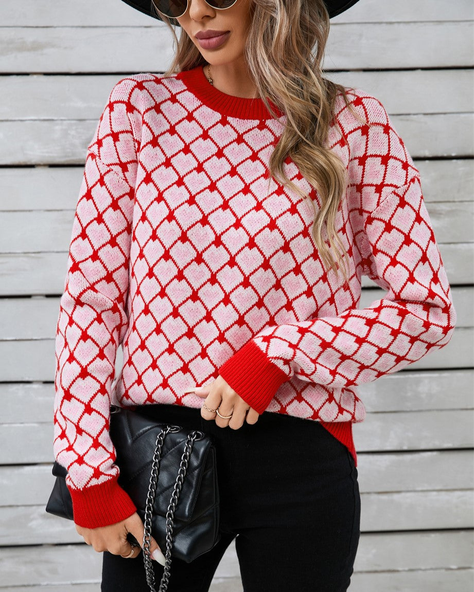 Heart Lattice Jacquard Knit Sweater - Red - 4