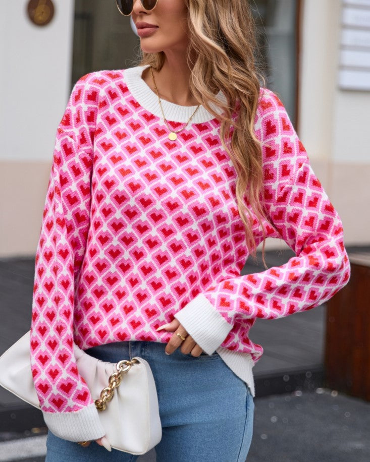 Heart Lattice Jacquard Knit Sweater - Rose
