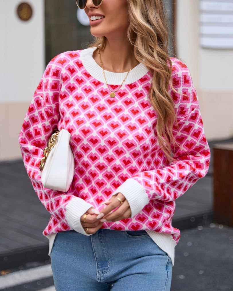 Heart Lattice Jacquard Knit Sweater - Rose - 3