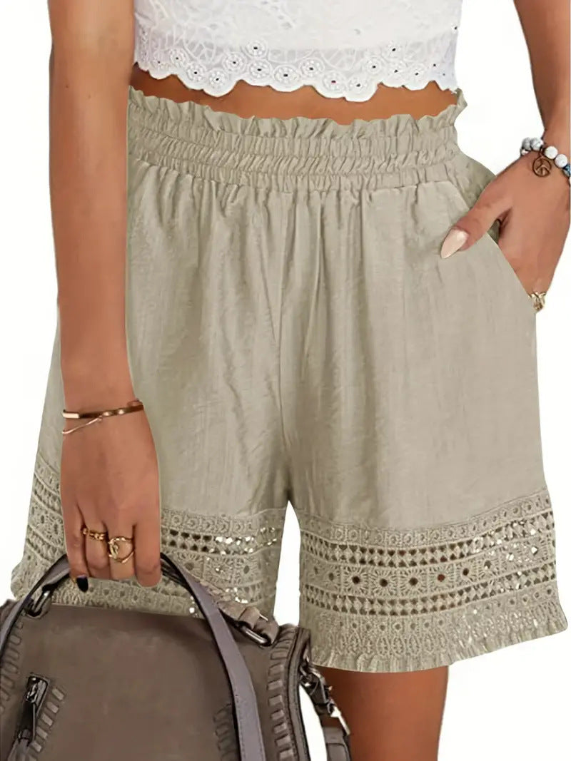 Smocked Waist Boho Shorts with Crochet Hem - Apricot