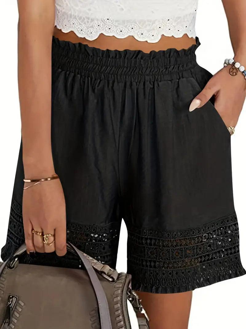 Smocked Waist Boho Shorts with Crochet Hem - Black
