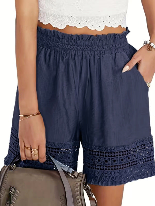 Smocked Waist Boho Shorts with Crochet Hem - DarkBlue