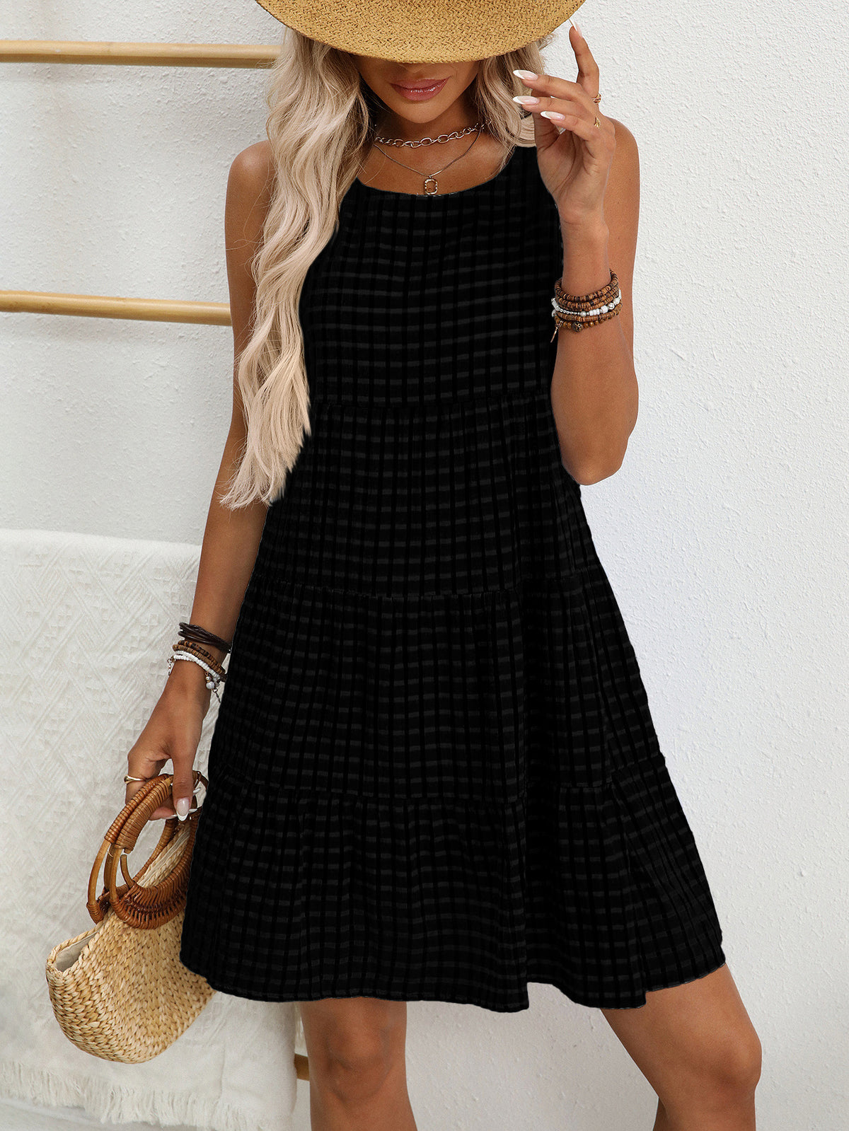 Textured Check Sleeveless Tiered Sundress - Black