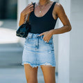 Frayed Hem Distressed Denim Mini Skirt - Denim blue
