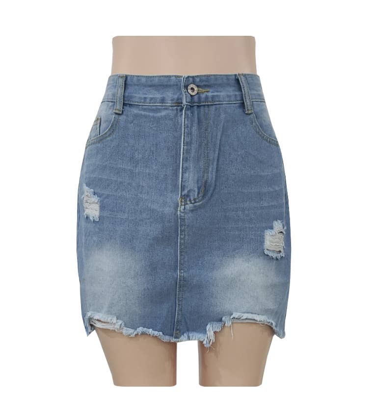 Frayed Hem Distressed Denim Mini Skirt