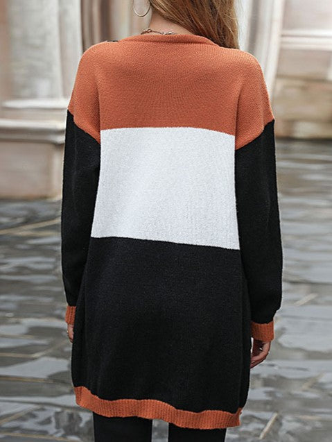 Colorblock Drop Shoulder Pocket Midi Cardigan - Black - 3