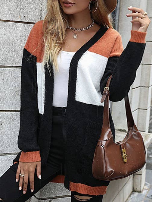 Colorblock Drop Shoulder Pocket Midi Cardigan