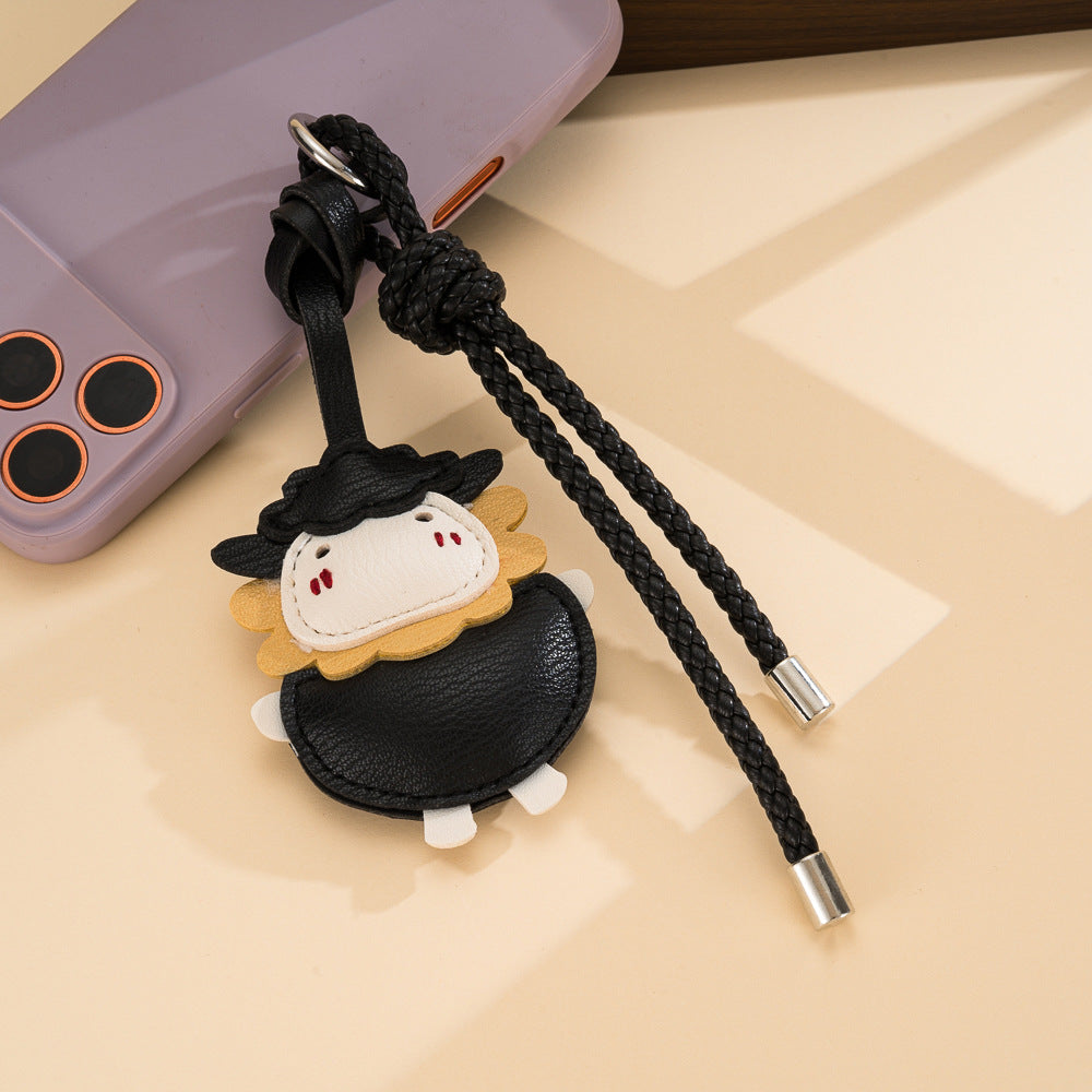 Two Tone Lamb Bag Charm Keychain with Knotted Cord - Black