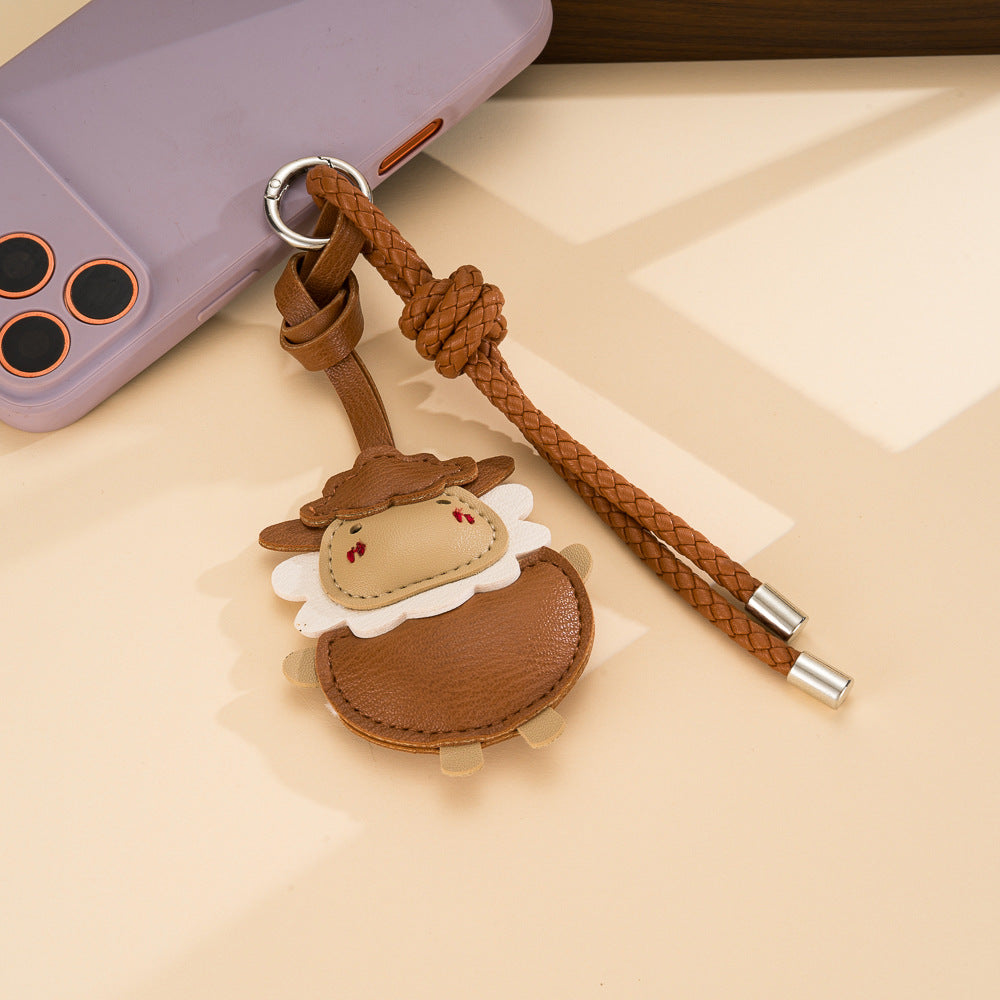 Two Tone Lamb Bag Charm Keychain with Knotted Cord - Coffee