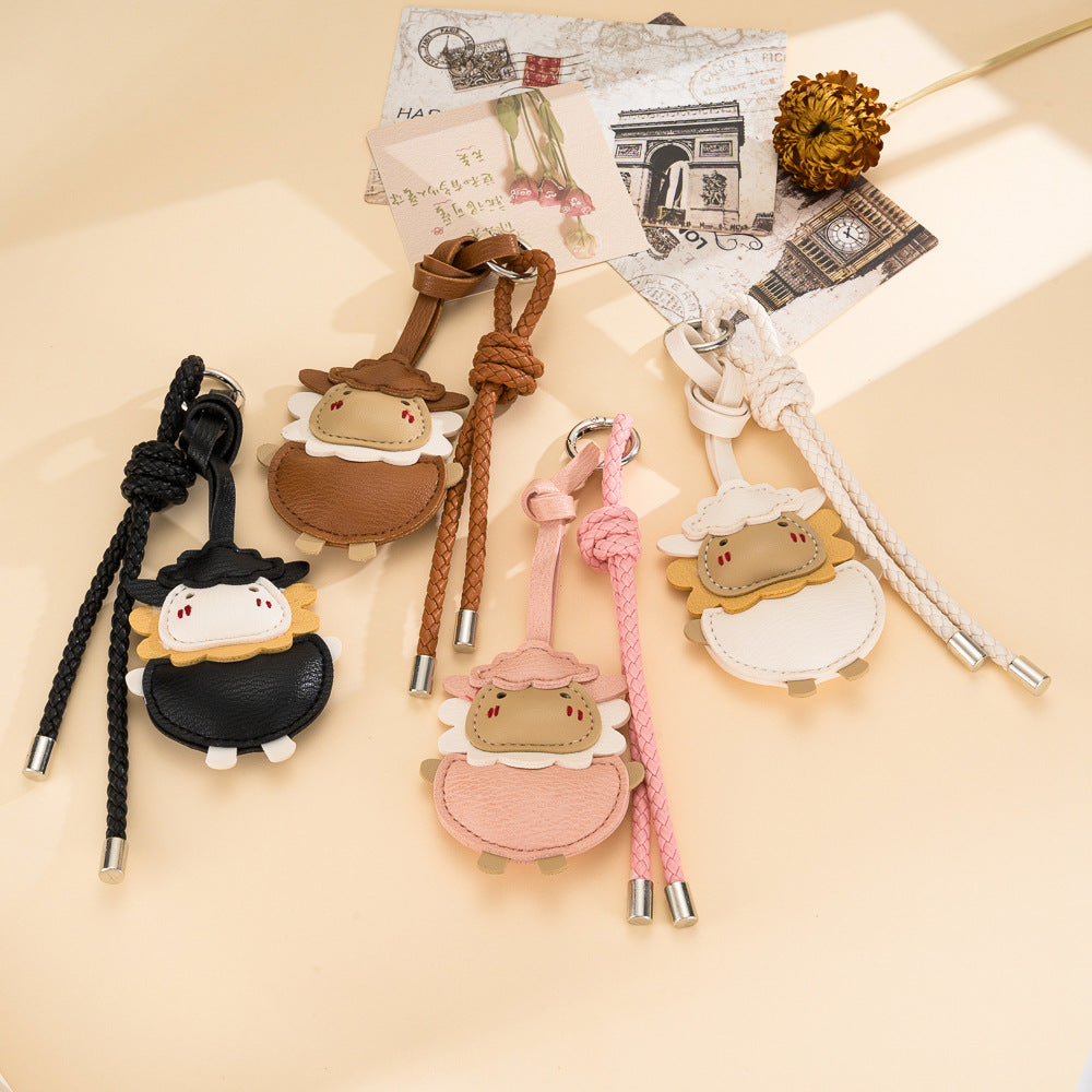 Two Tone Lamb Bag Charm Keychain with Knotted Cord - Pink - 1