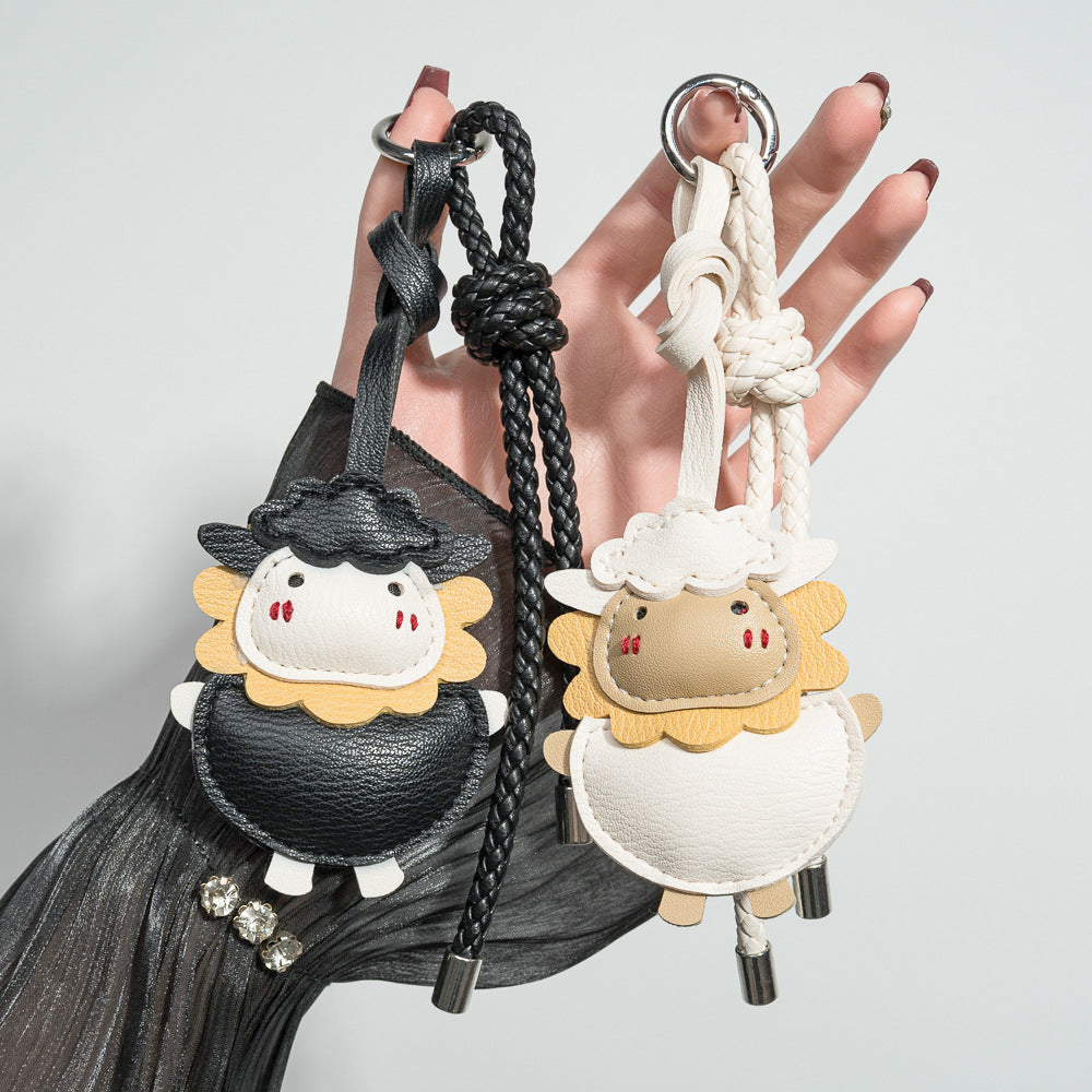 Two Tone Lamb Bag Charm Keychain with Knotted Cord - Pink - 2