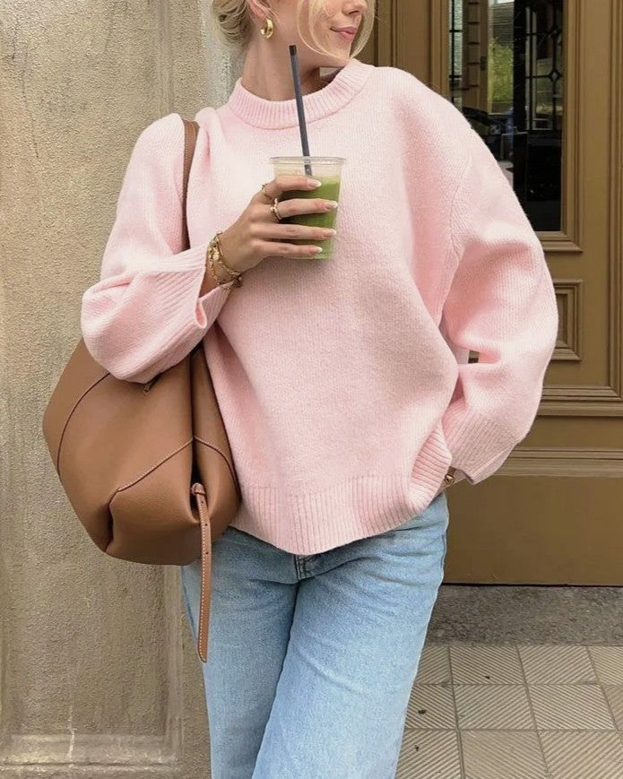 Pink Mock Neck Drop Shoulder Pullover Sweater - Pink - 1