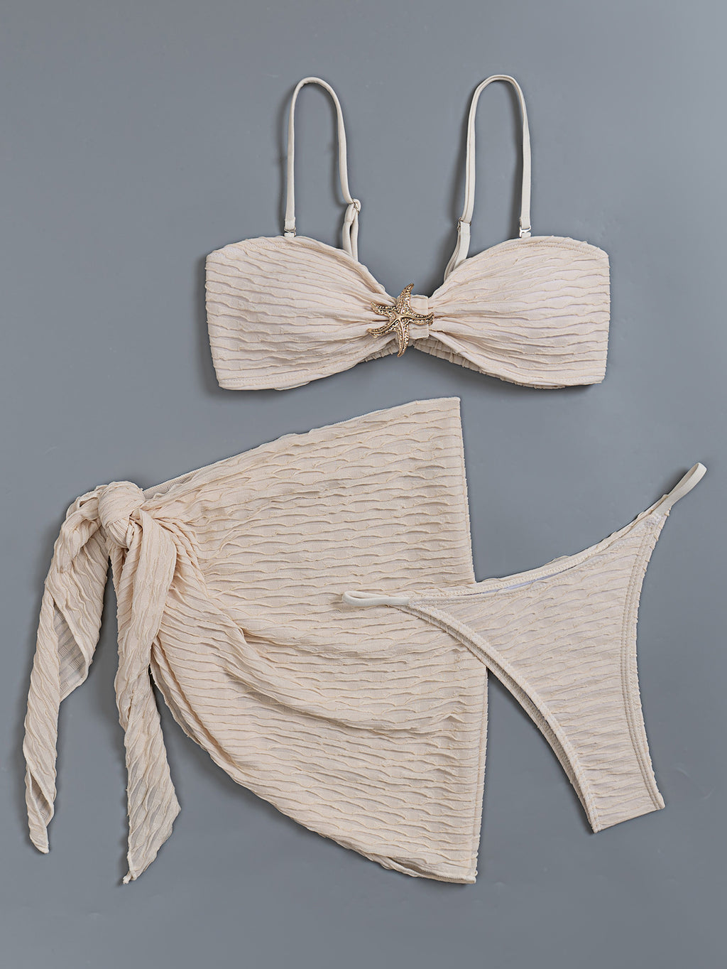 Textured Bandeau Bikini Set With Sarong Wrap - Beige - 1