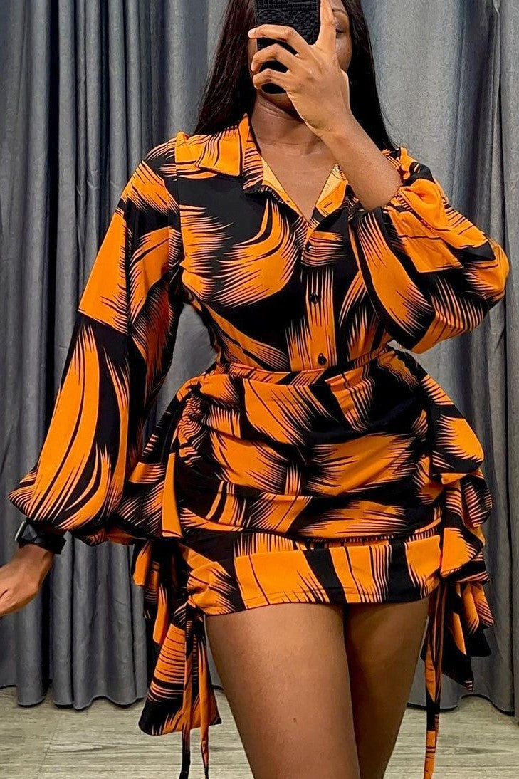 Abstract Print Shirt and Ruched Mini Skirt Set - Yellow