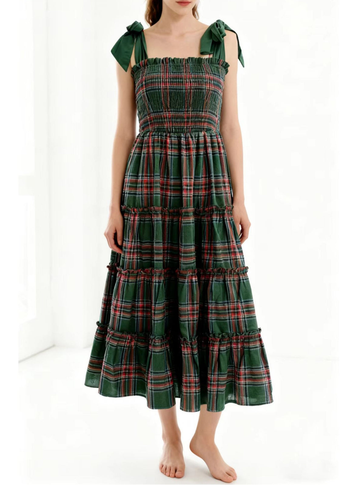 Tartan Plaid Tiered Midi Dress With Bow Straps - Green