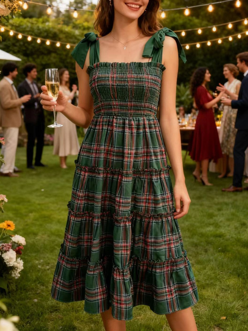 Tartan Plaid Tiered Midi Dress With Bow Straps - Green - 2