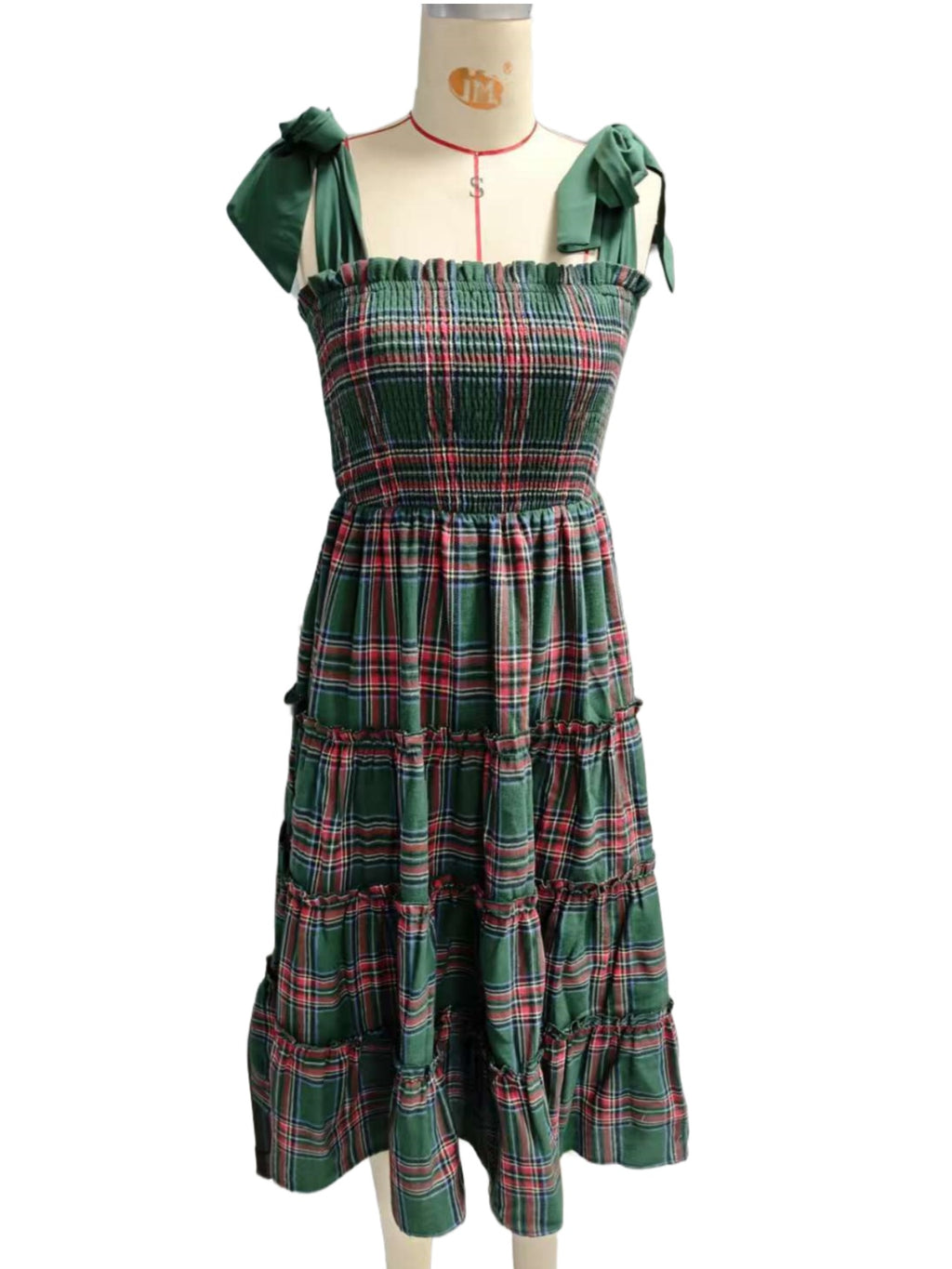 Tartan Plaid Tiered Midi Dress With Bow Straps - Green - 3