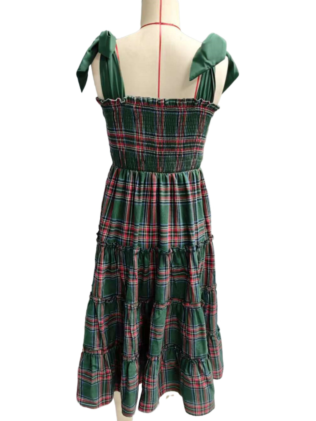 Tartan Plaid Tiered Midi Dress With Bow Straps - Green - 4