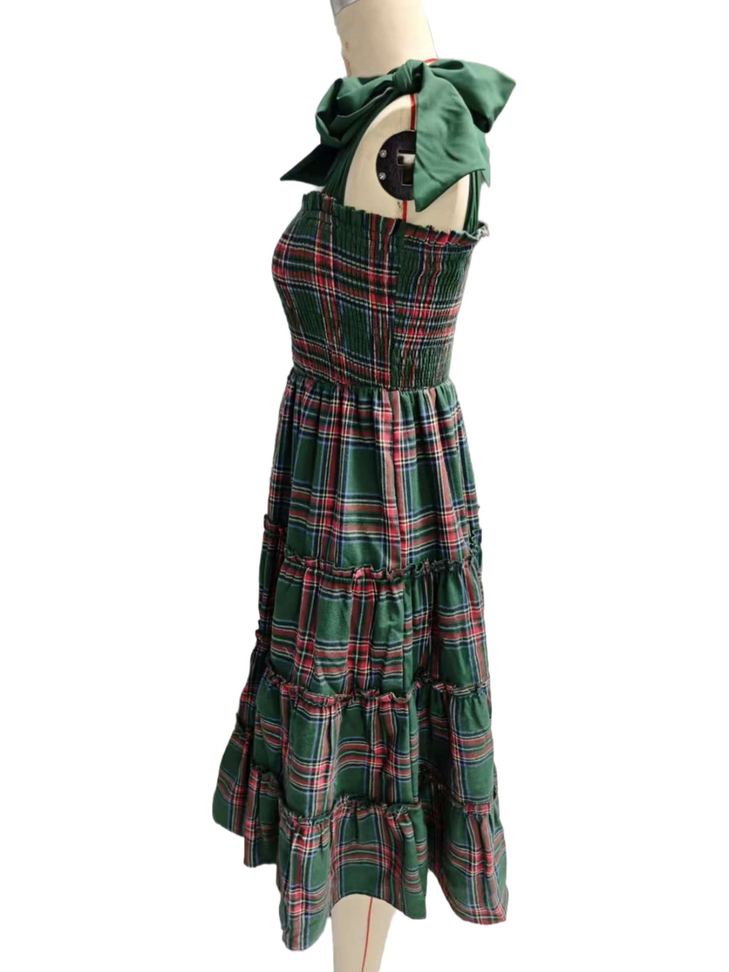 Tartan Plaid Tiered Midi Dress With Bow Straps - Green - 5