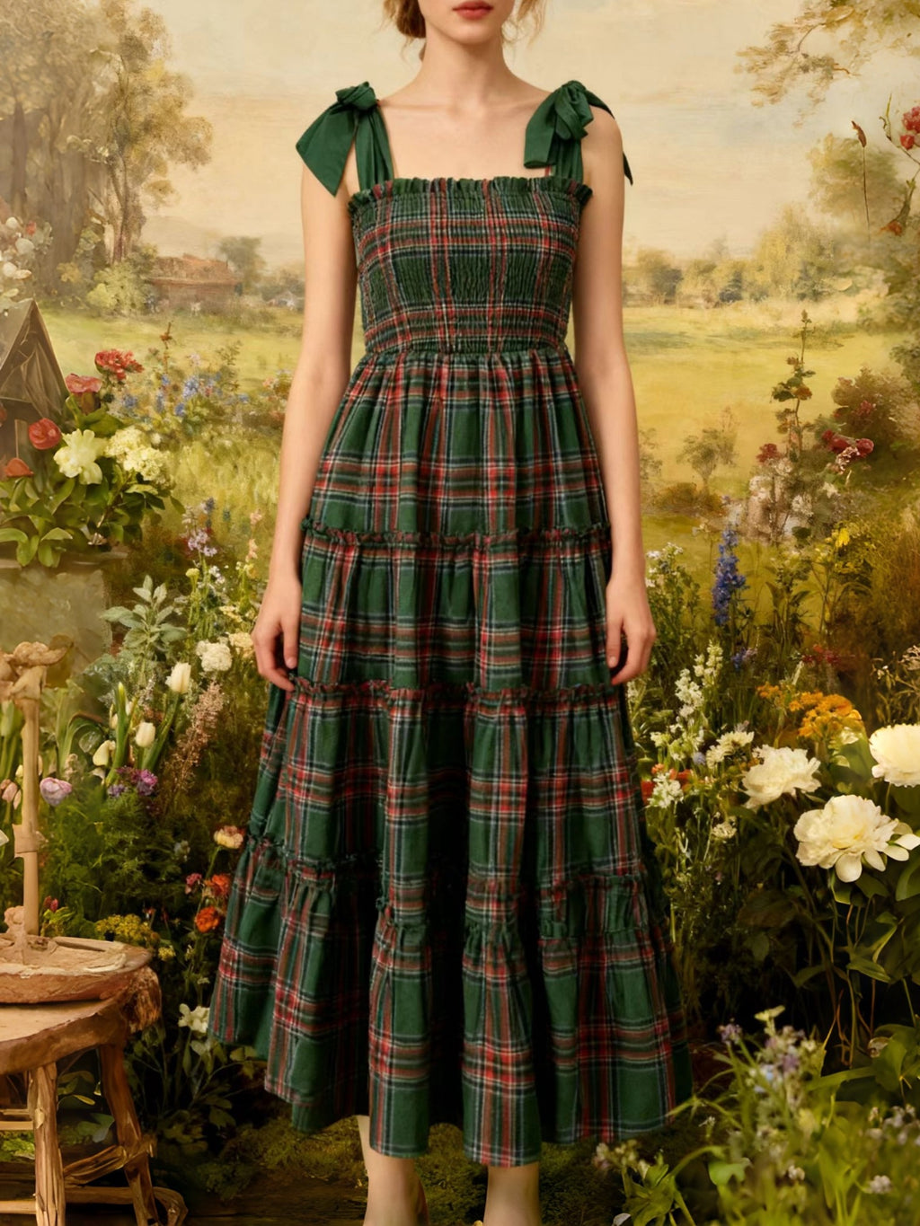 Tartan Plaid Tiered Midi Dress With Bow Straps - Green - 6
