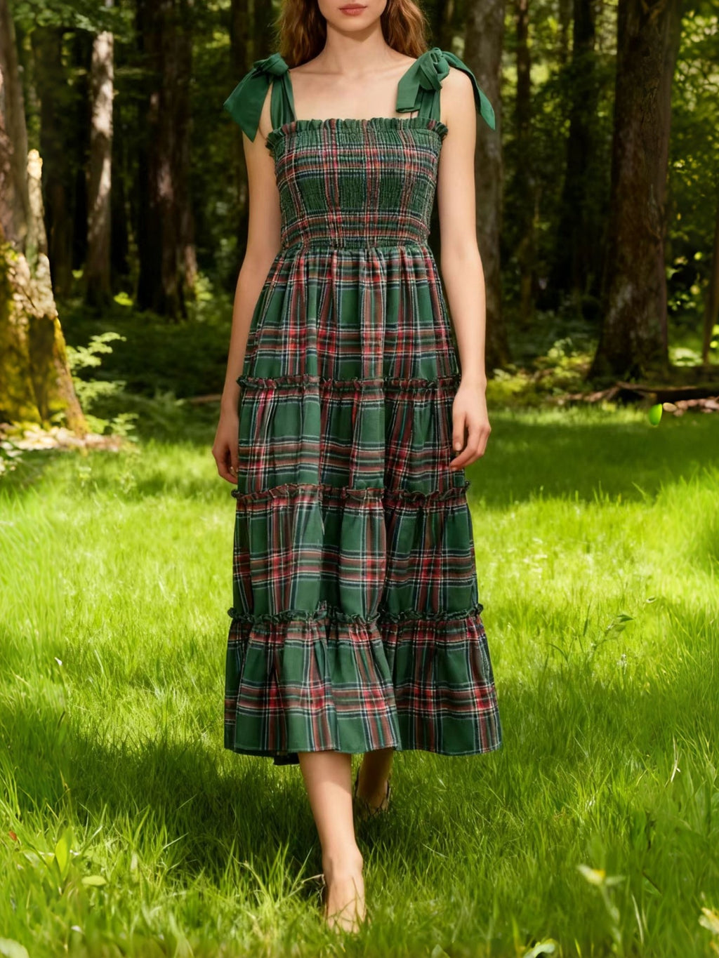 Tartan Plaid Tiered Midi Dress With Bow Straps - Green - 7