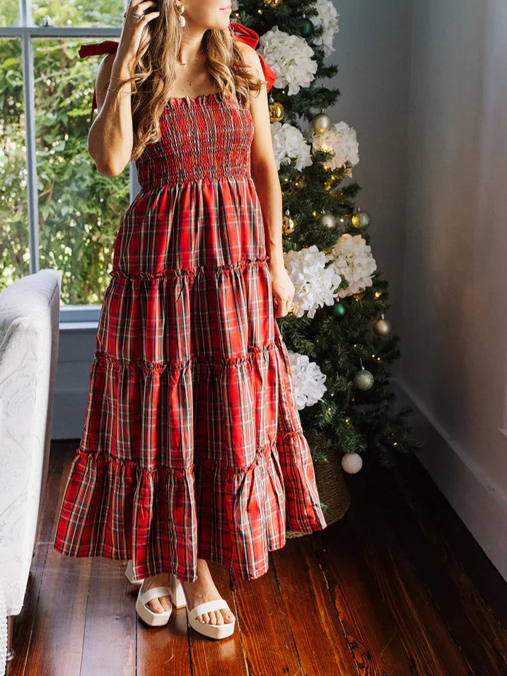 Tartan Plaid Tiered Midi Dress With Bow Straps - Red