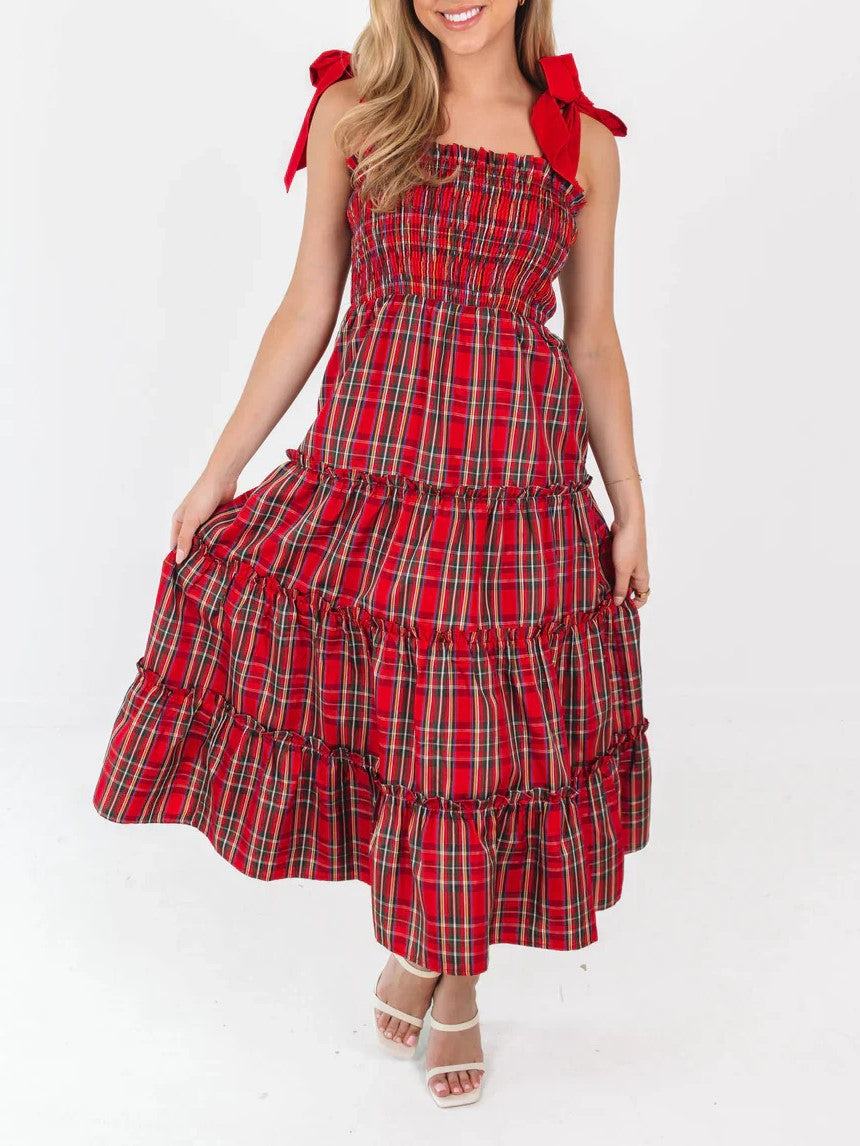 Tartan Plaid Tiered Midi Dress With Bow Straps - Red - 1