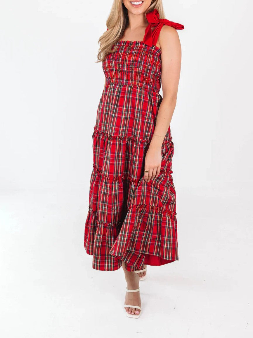 Tartan Plaid Tiered Midi Dress With Bow Straps - Red - 2