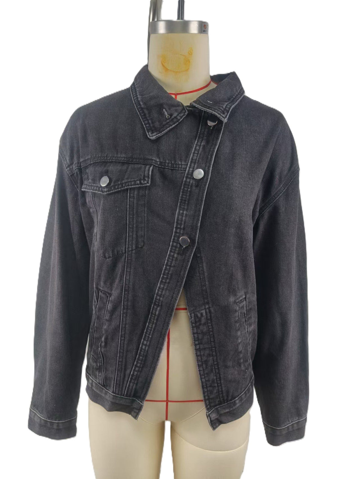 Denim Jacket With Asymmetric Button Placket - Black