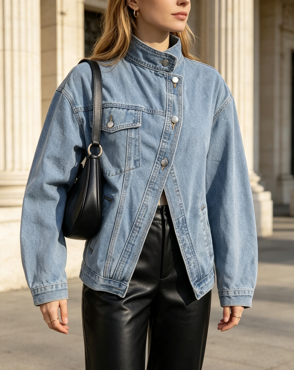 Denim Jacket With Asymmetric Button Placket - Blue