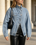 Denim Jacket With Asymmetric Button Placket - Blue