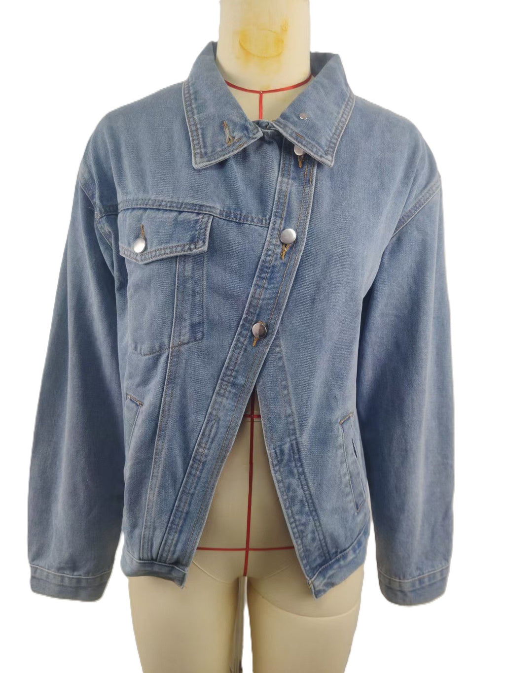 Denim Jacket With Asymmetric Button Placket - Blue - 1