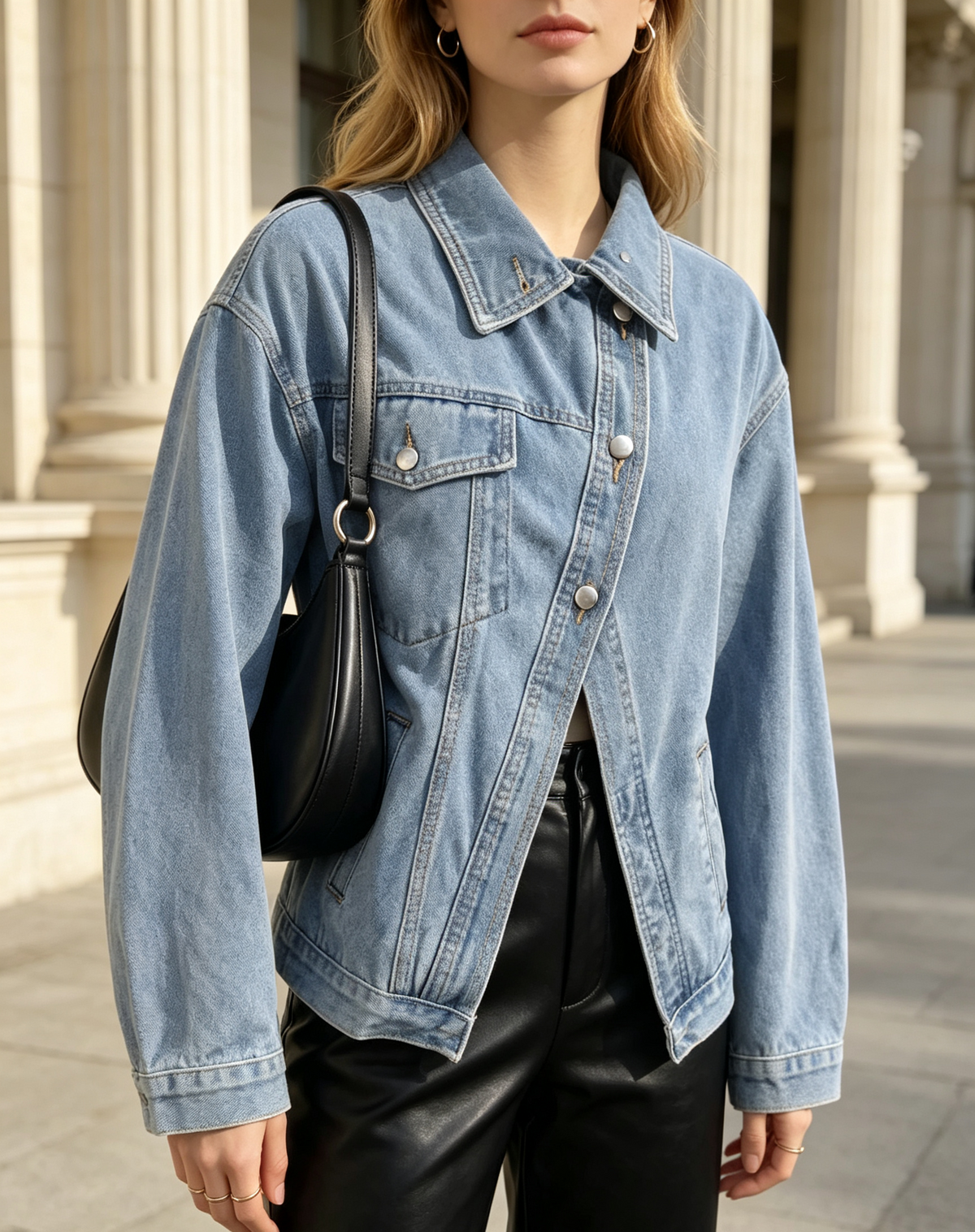 Denim Jacket With Asymmetric Button Placket - Blue - 2
