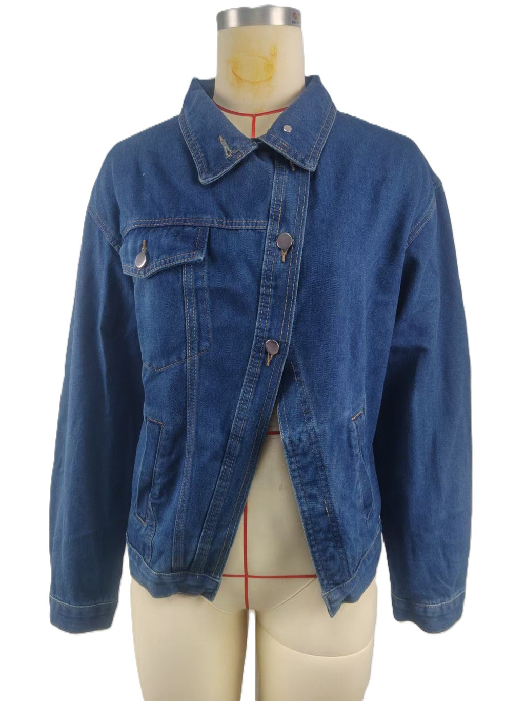 Denim Jacket With Asymmetric Button Placket - DarkBlue