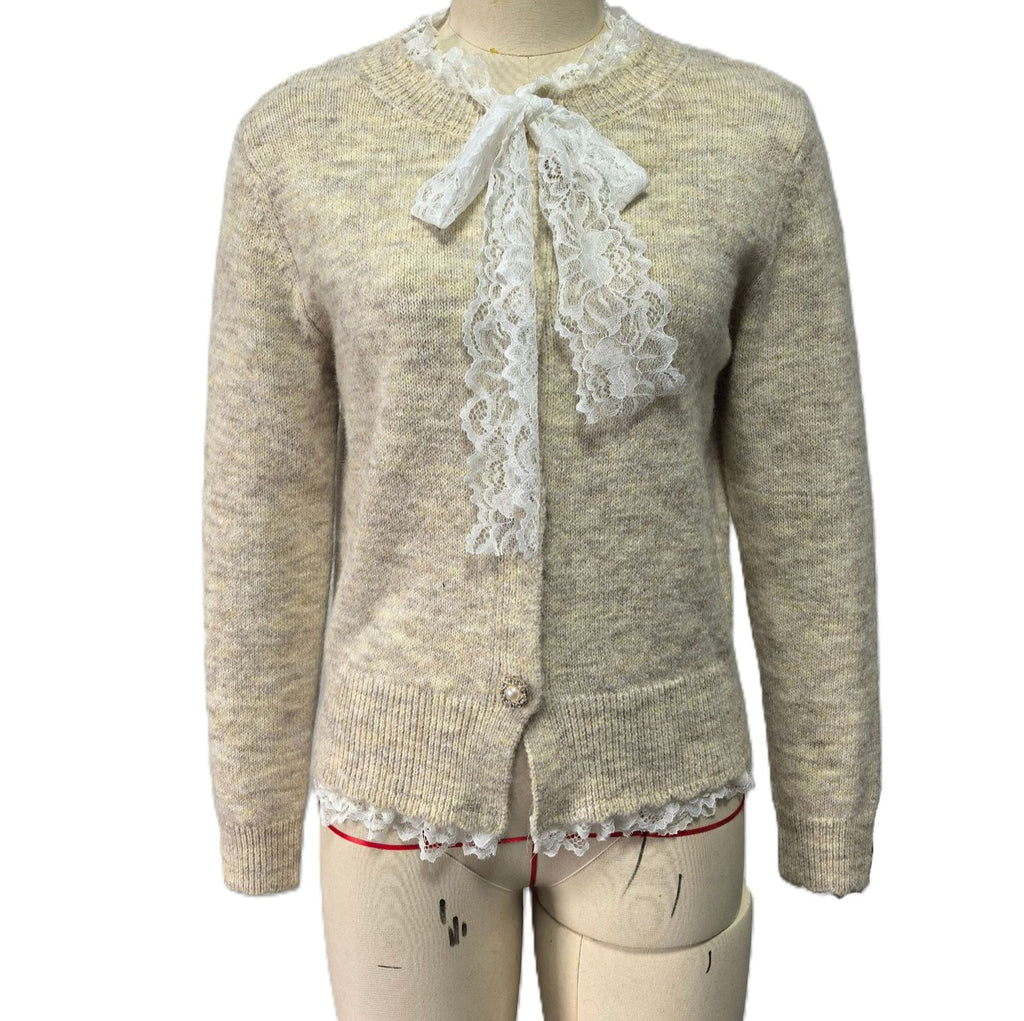 Lace Tie Neck Button Front Knit Cardigan - Apricot