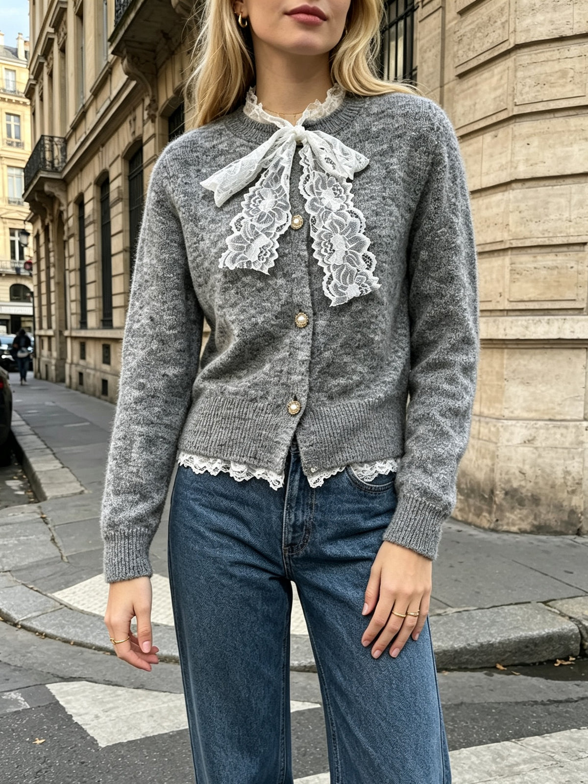 Lace Tie Neck Button Front Knit Cardigan - Grey