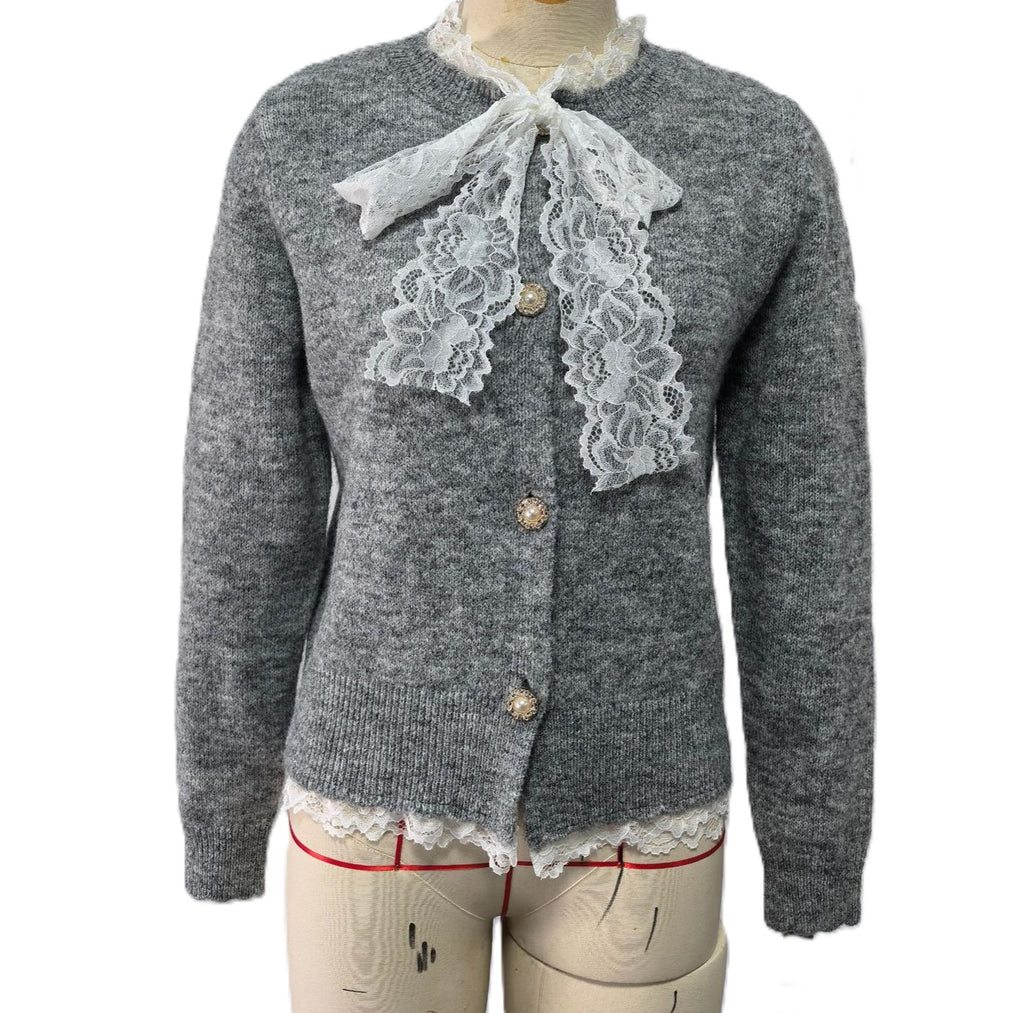 Lace Tie Neck Button Front Knit Cardigan - Grey - 1