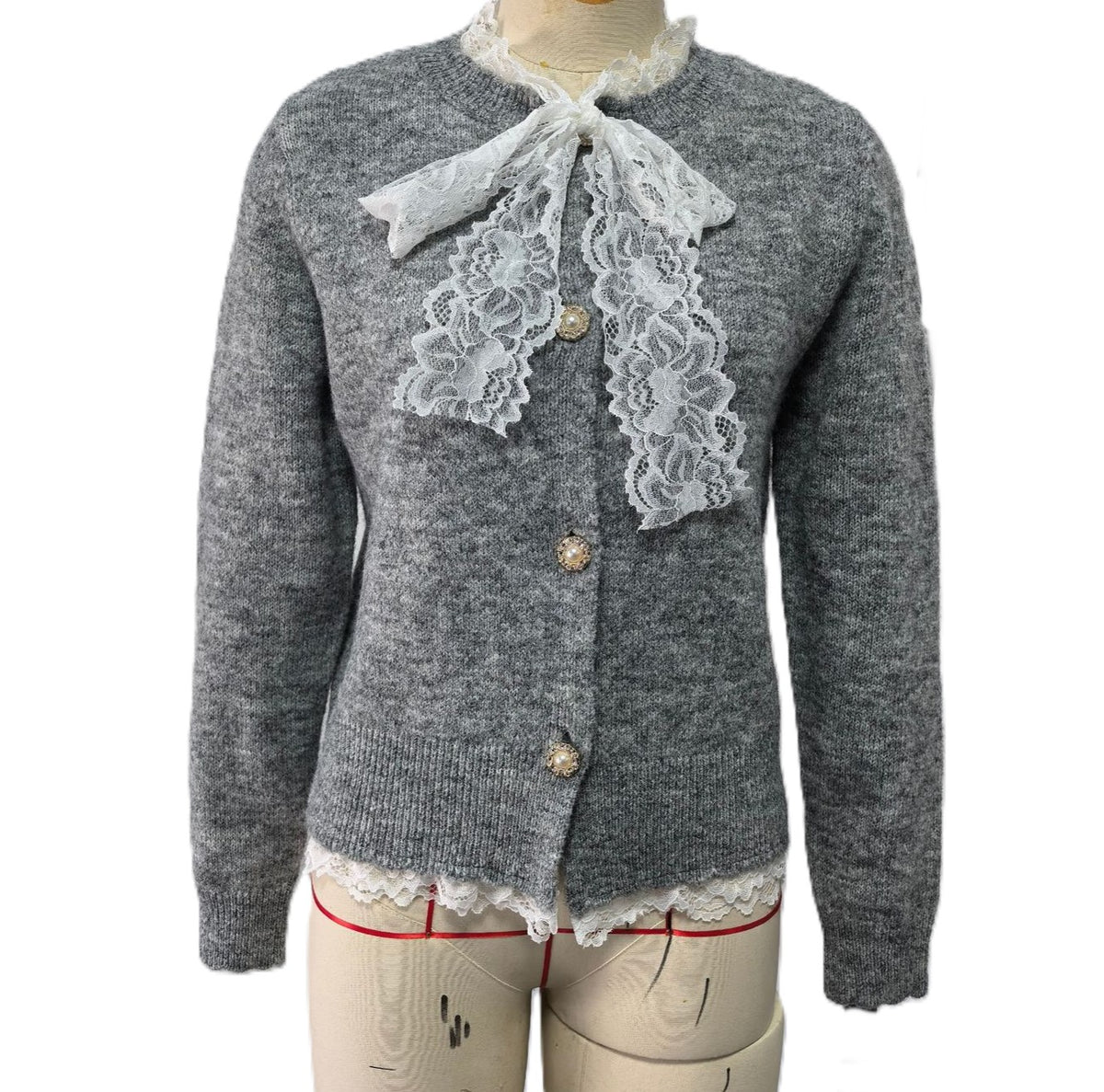 Lace Tie Neck Button Front Knit Cardigan - Grey - 1