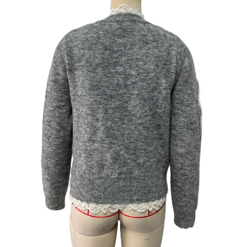Lace Tie Neck Button Front Knit Cardigan - Grey - 2