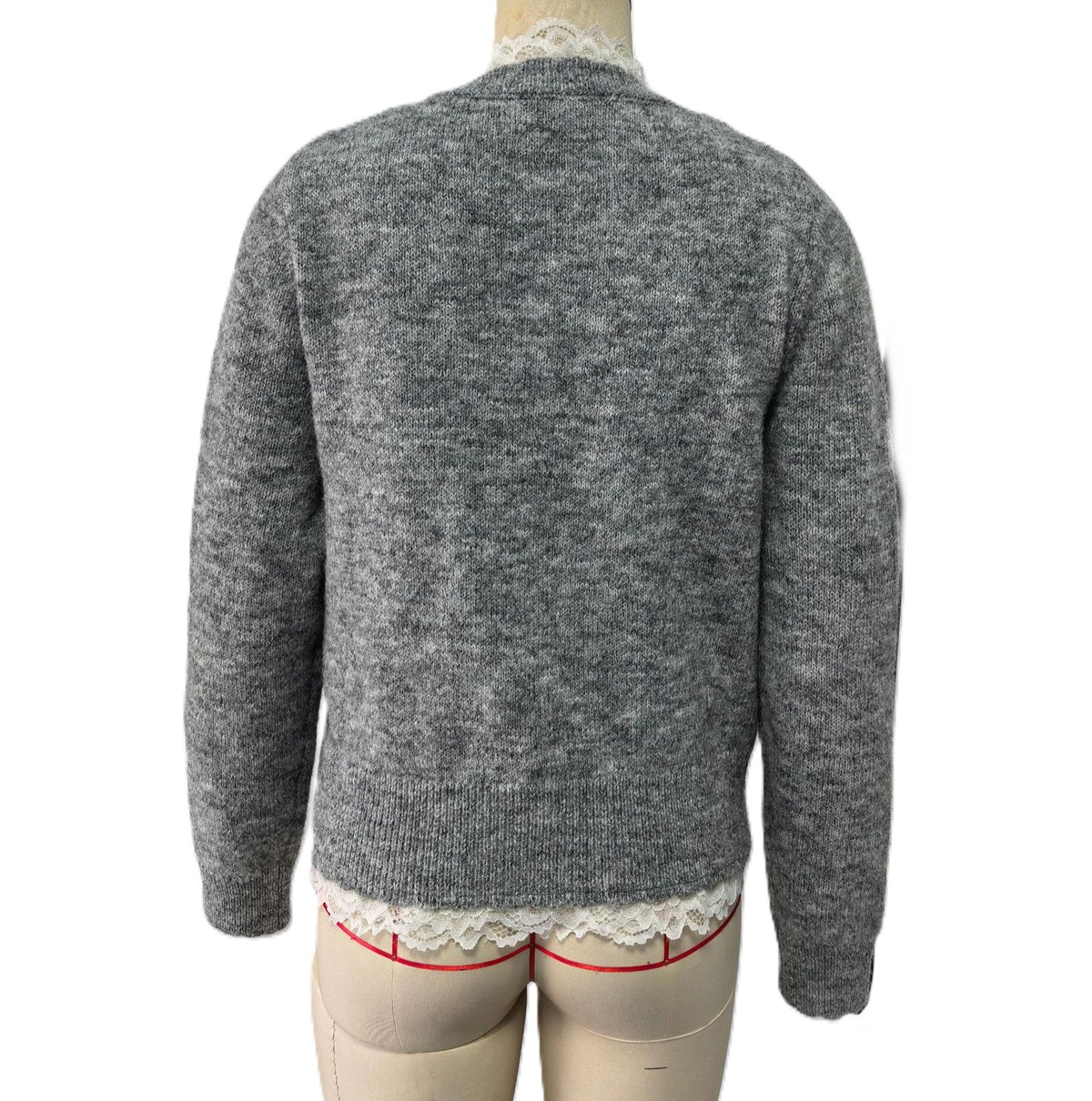 Lace Tie Neck Button Front Knit Cardigan - Grey - 2