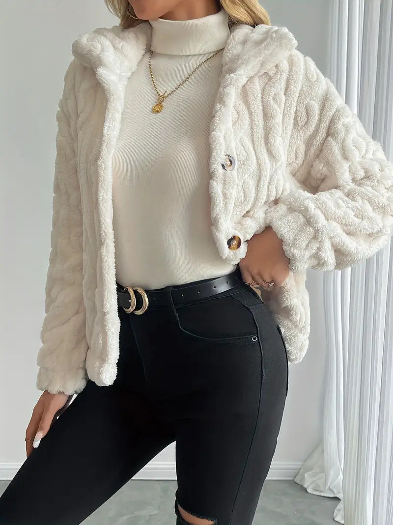 Plush Faux Fur Cable Texture Button Jacket - White